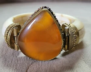 Large Bone Hinged Cuff Bracelet W/Amber Center Stone & Brass Accents - Picture 1 of 8