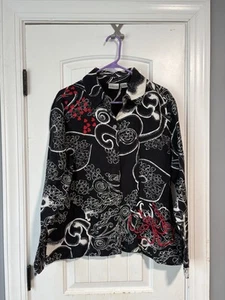 CHICOS SHIRT TOP BUTTON DOWN Black floral RARE! Size 2 - Picture 1 of 4