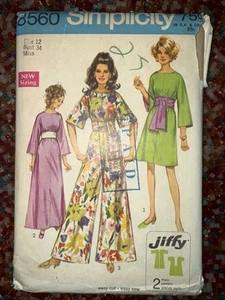 Simplicity #8560  Misses Jiffy Dress In 2 Lengths Pantdress W/Sash 1969 Sz 12 FF - Picture 1 of 2