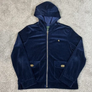 Ralph Lauren LRL Blue Velour Zip-Up Hoodie Jacket Gold-Tone Toggle Pockets L - Picture 1 of 11