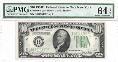 1934D $10 NEW YORK FRN. PMG Choice Uncirculated 64 EPQ Banknote. Fancy Serial # - Image 1 of 2