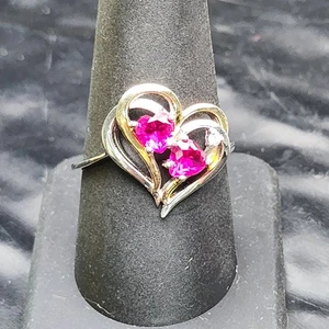 Amour Double Heart Ring Sz 9.5 Two-Tone 925 Silver+Created Ruby+Diamond ❤️ - Picture 1 of 6