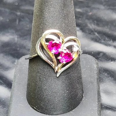 Amour Double Heart Ring Sz 9.5 Two-Tone 925 Silver+Created Ruby+Diamond ❤️ - Image 1 of 4