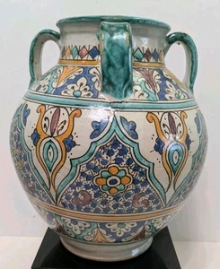 Jarrón grande vintage de cerámica Fez marroquí de cuatro asas - Imagen 1 de 9