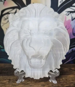 Beautiful Selenite Crystal Lions Head Carving & Stand 128x110mm 308g - Picture 1 of 4