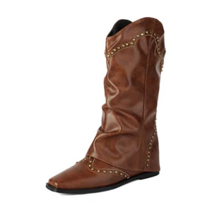 Womens Retro Square Toe Boots Autumn and Winter Western Cowboy Flat Short Boots - Picture 1 of 10