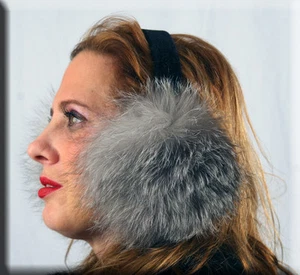 New Indigo Fox Fur Ear Muffs Velvet Band - Efurs4less - Picture 1 of 3