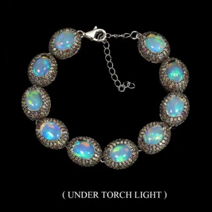 925 Sterling Silver Bracelet Oval Fire Opal 9x7mm Sapphire 740p Gemstone Jewelry - Picture 1 of 13