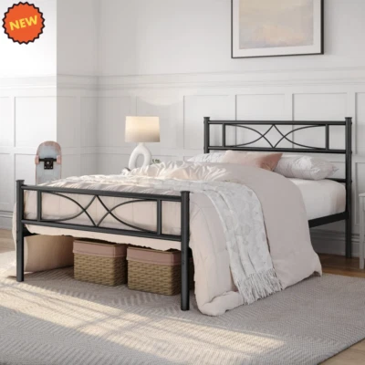 Marco De Cama Base Plataforma de Metal Cabecera Habitacion Doble Talla Negra, NUEVO Foto 1 de 4