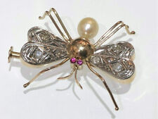 Jugendstil Brosche 750/18 Kt Gold Libelle mit Diamanten Rubin und Perle