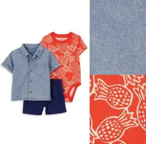 NEW Carter's 3 Piece Set: Blue Shirt, Navy Shorts, Orange Bodysuit Pineapples 6M - Picture 1 of 7