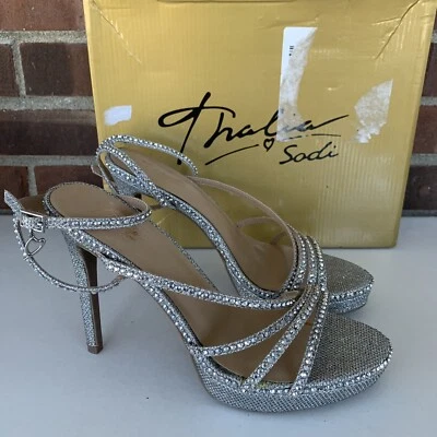Thalia Sodi Womens Livy Silver Jeweled High Heel Platform Dress Sandals US 8 M - Image 1 of 4
