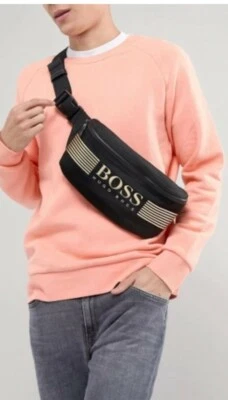 100% HUGO BOSS Azul Marino Oro Píxel Ajustable Tira Riñonera Cruzado Bolso - Imagen 1 de 4