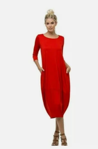 Women's Red Round Neck Bubble Hem Midi Dress W/ Pockets - Picture 1 of 6