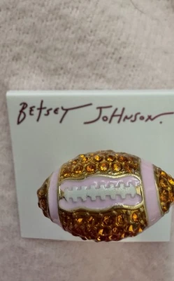 NWT Betsey Johnson FOOTBALL Gold Glass Stone Enamel Stretch Ring - Image 1 of 3