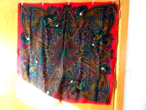 PAISLEY SCARF WITH DUCKS-SOFT CHALLIS IN COBALT, EMERALD AND RUBY- 48" SQUARE - Picture 1 of 11