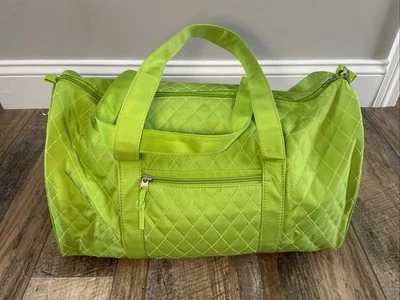 Quilted Lime Green Travel Bag - 17”L x 9”W x 10”H Canvas Zip Close w/Pockets - Image 1 of 4