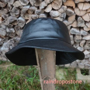 Men Faux Leather Bucket Hat Wide Brim Casual Fisherman Cap Waterproof Retro Soft - Picture 1 of 13