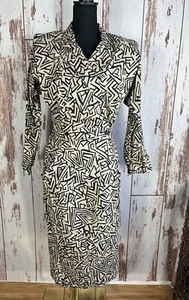Vtg 80s All That Jazz Pencil Midi Dress Black Tan Geometric Abstract Size 11 - Picture 1 of 14