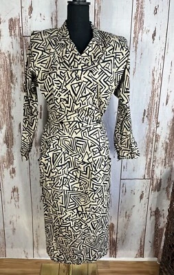 Vtg 80s All That Jazz Pencil Midi Dress Black Tan Geometric Abstract Size 11 - Image 1 of 4