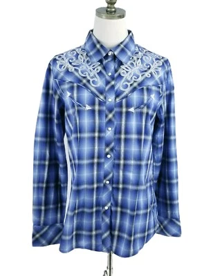 Camisa Western Vintage Panhandle Ajustada Bordada Para Mujer Talla L Azul A Cuadros Foto 1 de 4