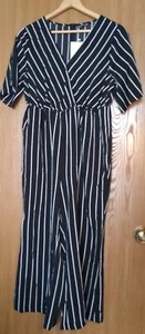 Bloomchic Size 10 Long Black Striped Jumpsuit Short Sleeve Pockets Elastic Waist - Picture 1 of 3