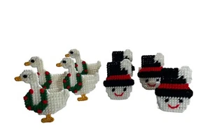 Vintage Christmas Napkin Rings x8 Plastic Canvas Snowman & Goose Handmade Craft - Picture 1 of 4