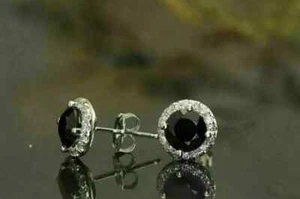 2Ct Round Cut Lab-created Black Spinel Halo Stud Earrings 14k White Gold Plated - Picture 1 of 6