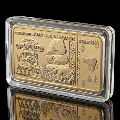 Zimbabwe Gold Plated Bullion Bar Ingot with Capsule 100 Trillion Dollars - Image 1 of 4