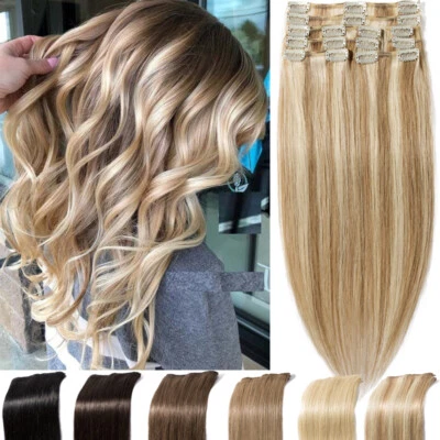 Highlight US 18Clips 8PCS Weft Clip In Remy Real Human Hair Extensions Full Head - Image 1 of 4
