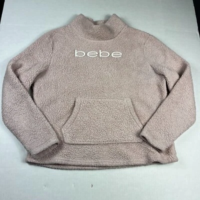 Bebe Logo Sherpa Sweater Pink Cozy Soft Casual Logo Plush Y2K Pullover MEDIUM - Image 1 of 4