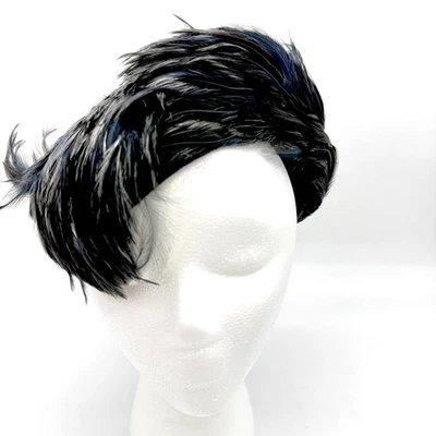 VTG Valerie Modes Black Iridescent Feather Fascinator Hat 1950s Pheasant Cap - Image 1 of 4