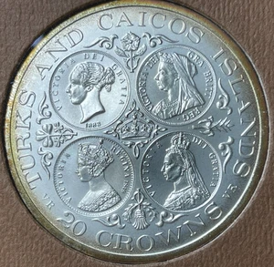 1976 Turks & Caicos Island Victoria 20 Crowns Large Silver Coin Rare High Value - Bild 1 von 8
