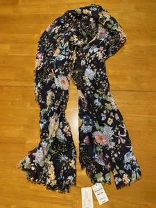 Lands’ End Radiant Navy Blue Botanical Floral Oblong Scarf - Picture 1 of 4
