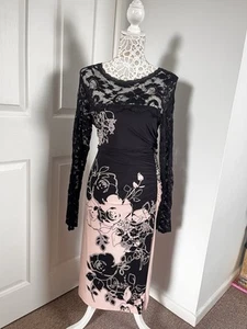 PHASE EIGHT PINK & BLACK LACE RUCHED STRETCH FLORAL PRINT DRESS Size 16 CA980 - Picture 1 of 12