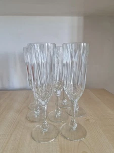 Set of 7 Cut Crystal-Style Fluted Champagne Glasses–Faceted Stem–Vintage-France - Picture 1 of 14