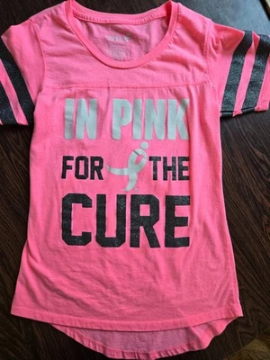 Womens JERSEY Tee Shirt Black Glitter In Pink For The Cure Breast Cancer Small - Image 1 of 4