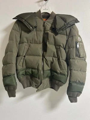 Moncler Olive Down Jacket with Damage-Effect Cotton Twill, Military Style, Used - Image 1 of 4