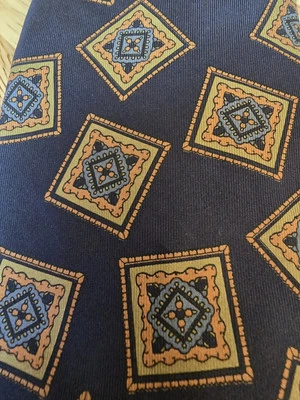 Andhurst All Silk Mens Necktie Navy Tan Square Stamp Like Design Classic Length - Image 1 of 4
