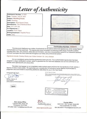 SIGNATURES OF WRESTLING GREATS DR. JERRY GRAHAM, EDDIE GRAHAM ,COWBOY ROCKY LEE - Image 1 of 4