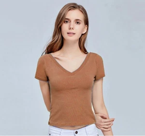 Built in Bra Padded V Neck Crop Top Short Sleeve Top Size XL - Picture 1 of 5