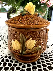 Vintage Ceramic Canister Jar/Lid 1970's Retro Brown Daisy & Yellow Tulips Japan - Picture 1 of 11