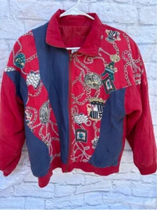 Vintage 80s/90s Silk Beaded Bomber Jacket Red Blue S - Picture 1 of 10