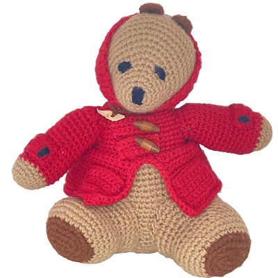 Hand Crochet PADDINGTON BEAR Plush w Red Jacket Wood Toggle Buttons Rare VTG 12” - Image 1 of 4