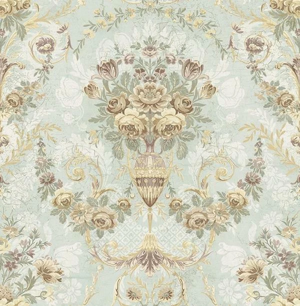 Papel de parede vitoriano francês floral urnas em azul pálido falso, 56 pés quadrados por parafuso - Imagem 1 de 1
