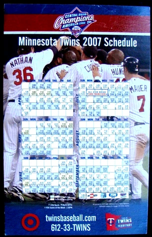 2007 MINNESOTA TWINS CENTRAL DIVISION CHAMPIONS SCHEDULE REFRIGERATOR MAGNET Cover