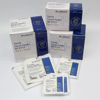 BLUE DOT BY CREST MEDICAL 8 Ply Sterile Medical WOVEN First Aid Gauze Swabs Absorbent & Thick Cotton Weave