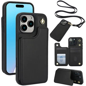 Crossbody Slim Leder Wallet Case für iPhone 16e 16 Pro Max 15 14 13 12 11 XS/X - Bild 1 von 54