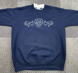 PFI Sweatshirt M dunkelblau Herz Blumen Stickerei Raute Vintage 90er - Bild 1 von 16