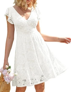 MEROKEETY V Neck Flutter Sleeve Floral Lace Tie White Mini Dress Size L NWT - Picture 1 of 9